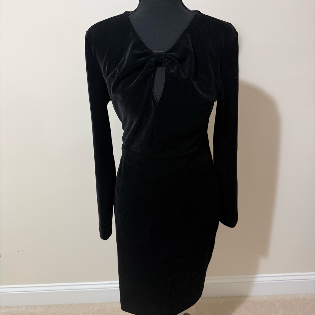 Express Black Velvet Long-Sleeve Bow-Front Sheath Dress